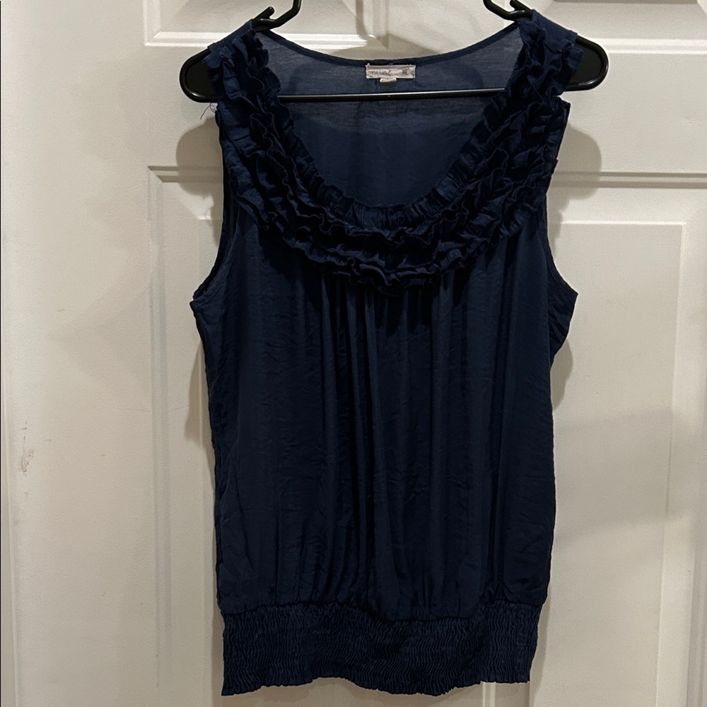 Mine Navy Ruffle Neck Blouse